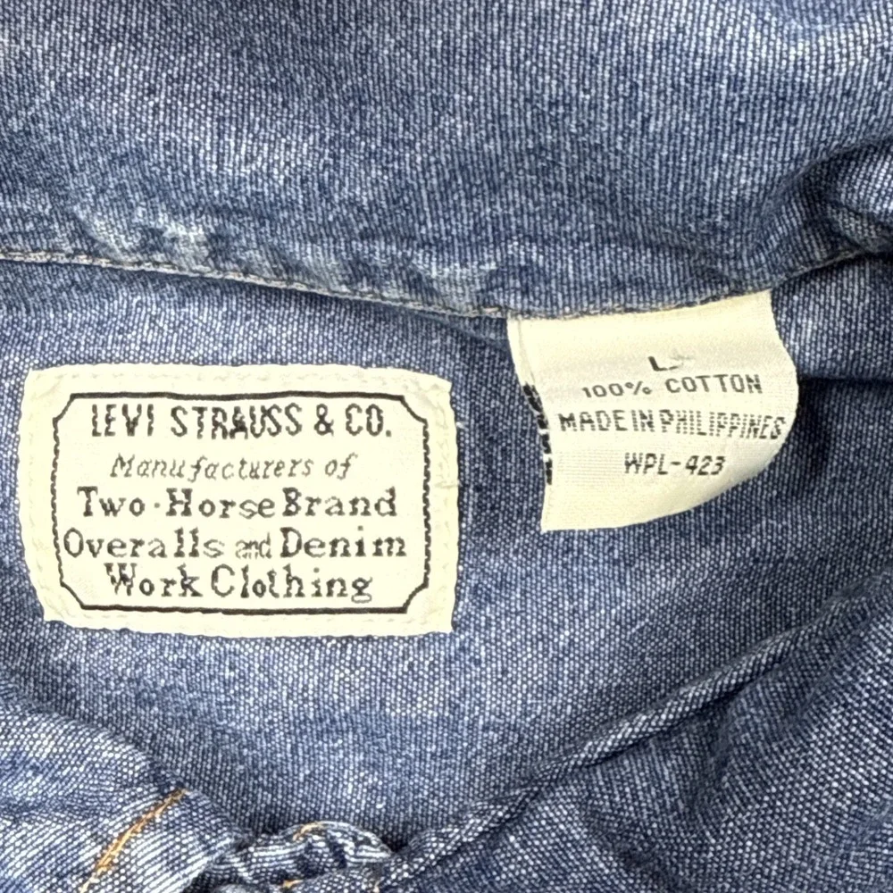 Levi Strauss Denim Short Sleeve Shirt Men L Blue One Pocket Two Horse Brand
